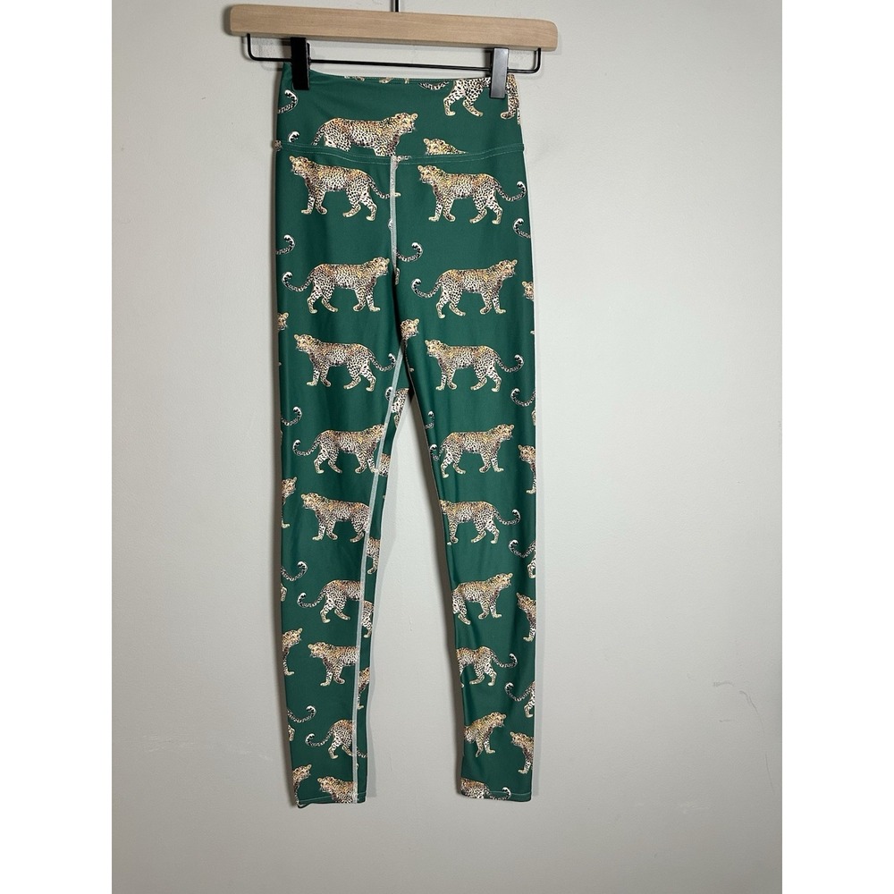 Katie Kime Leopard Print Leggings‎ Forest Green Size XS - Rare EUC